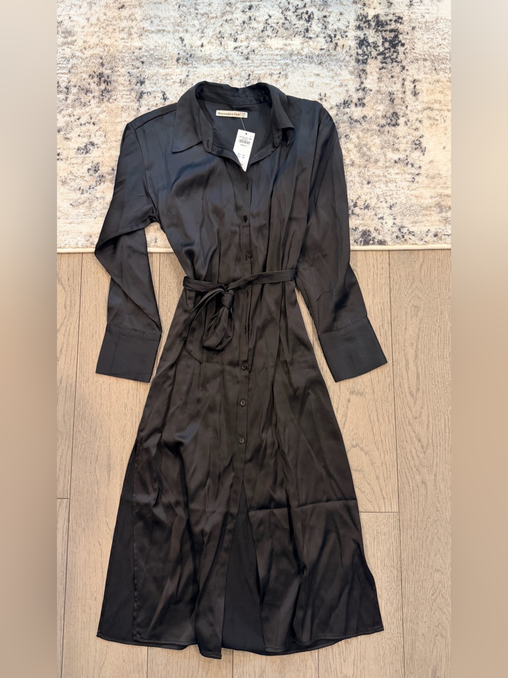 Abercrombie & Fitch Black Satin Button-Front Midi Dress